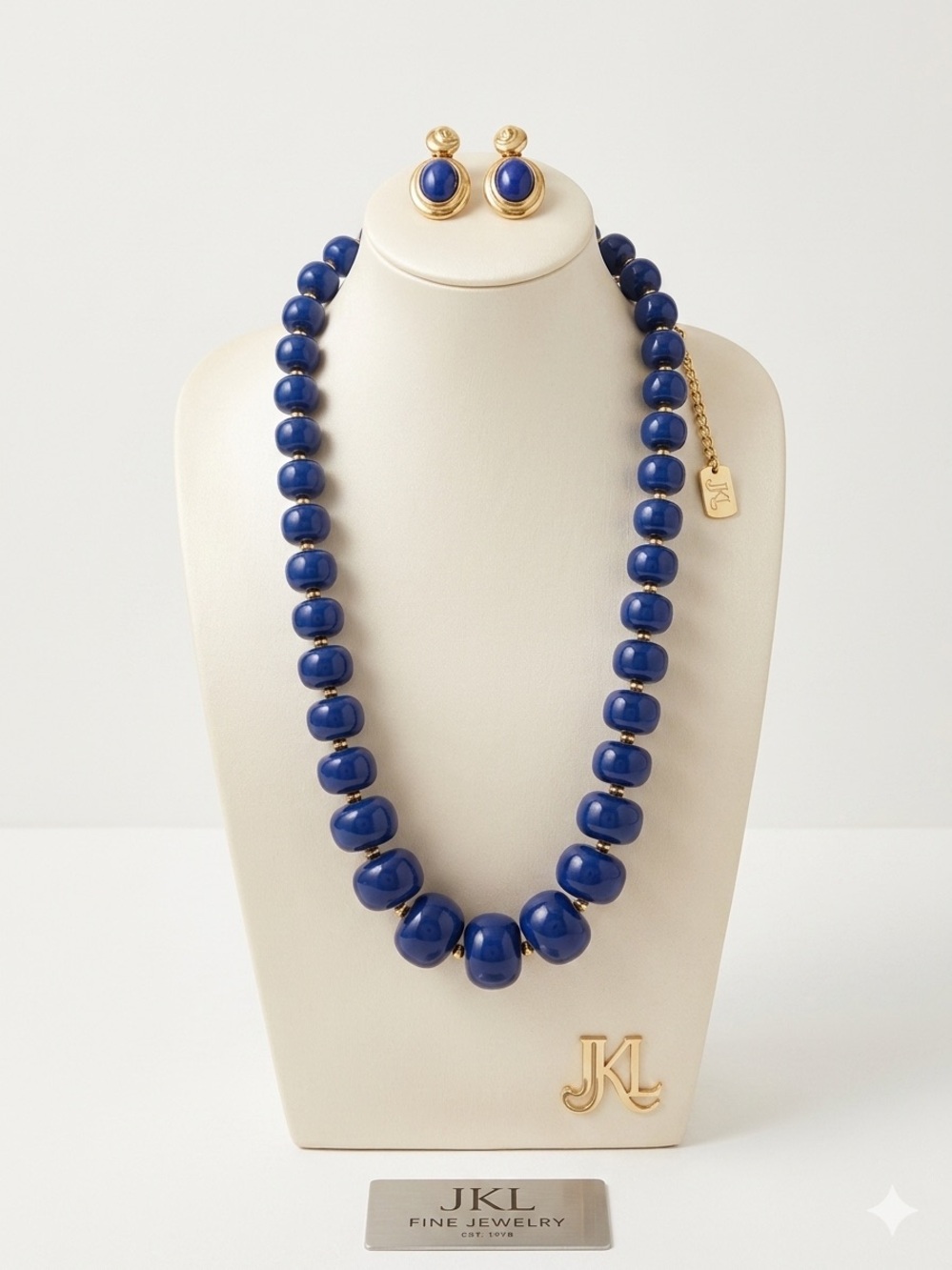 Vintage KJL Kenneth Jay Lane Cobalt Blue Resin Bead Necklace Unbranded Earrings - Picture 1 of 13